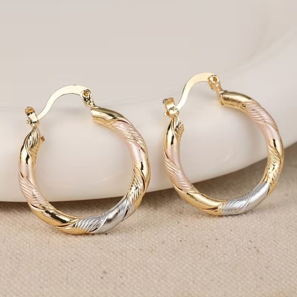 Tri-color Gold Twist Skinny Hoop Earrings Lightweight Secure Rose White Round
